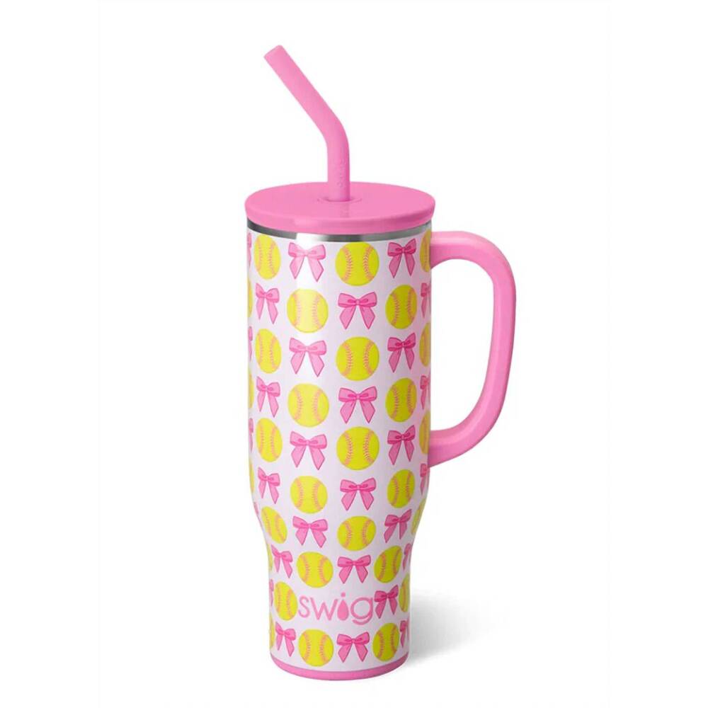 NEW SWIG LIFE pitch hit run mega mug - 30oz in pink bow & fun soft ball